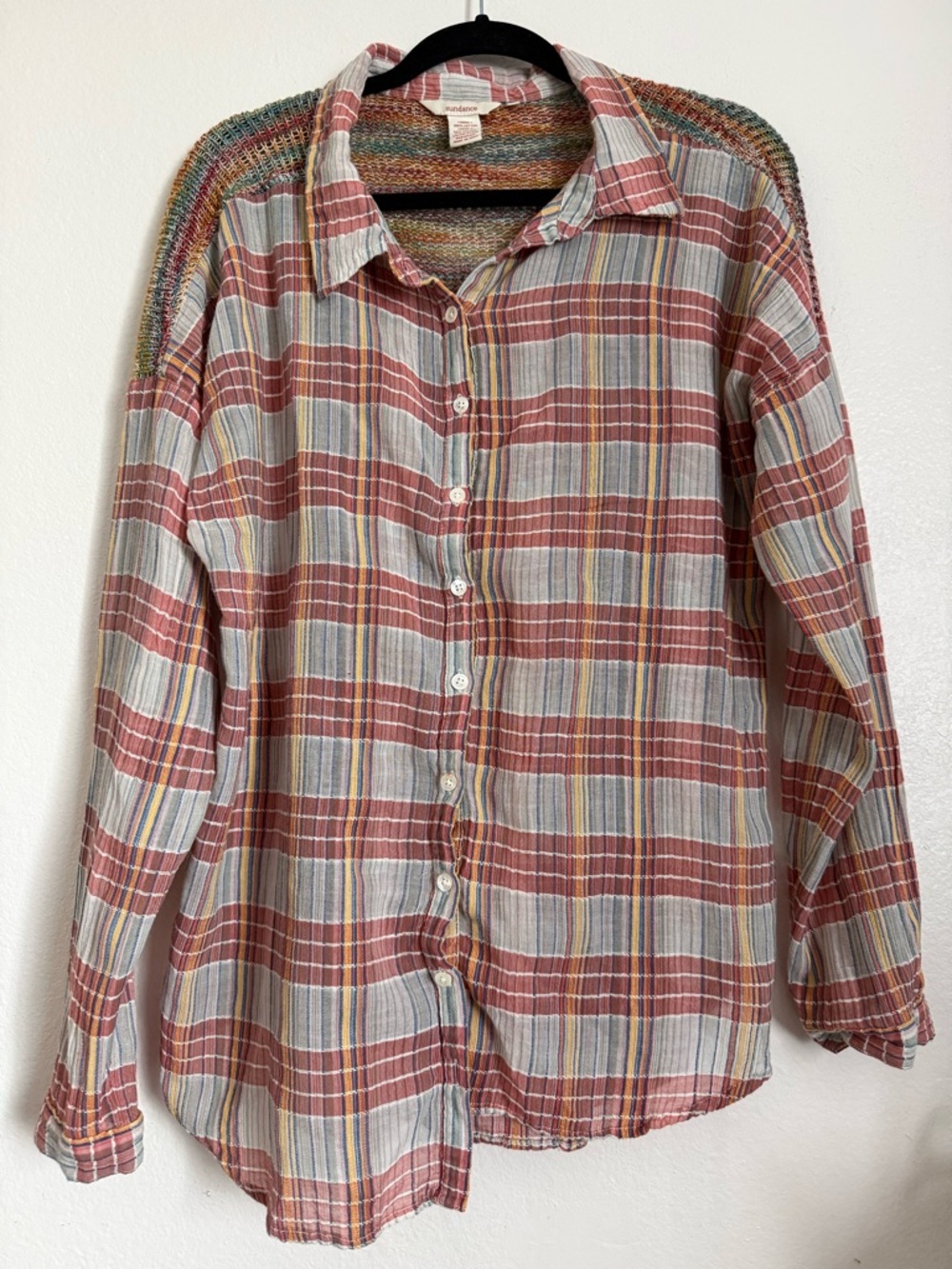 Sundance Shirt 8 Button Up Crochet Knit Cutouts LS Plaid Beachy Cottagecore Boho